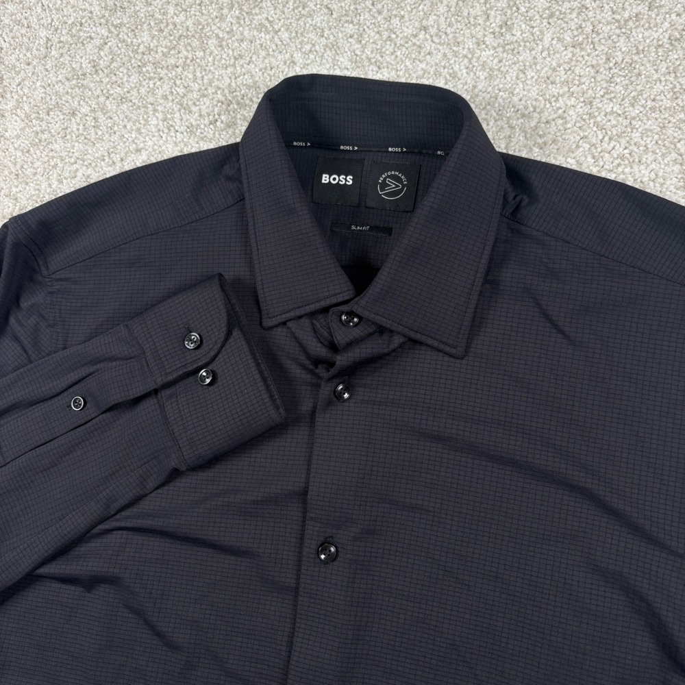 BOSS Dress Shirt Men M 15.5 Black Performance Slim Fit Micro Grid Long Sleeve